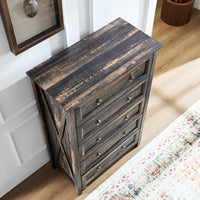 Rustic Tall Chest Of Drawers With 5 Storage Drawers For Bedroom Living Room Hallway In Dark Oak Finish