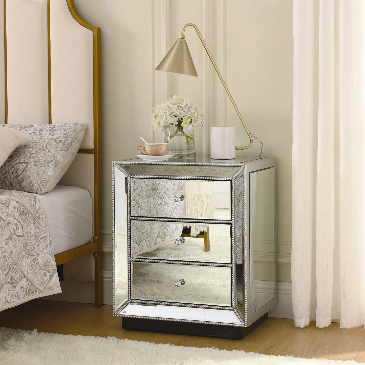 Three Drawer Silver Mirror Cabinet 22 Inch Wide 16 Inch Deep 26.8 Inch High