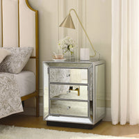 Three Drawer Silver Mirror Cabinet 22 Inch Wide 16 Inch Deep 26.8 Inch High