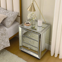 Three Drawer Silver Mirror Cabinet 22 Inch Wide 16 Inch Deep 26.8 Inch High
