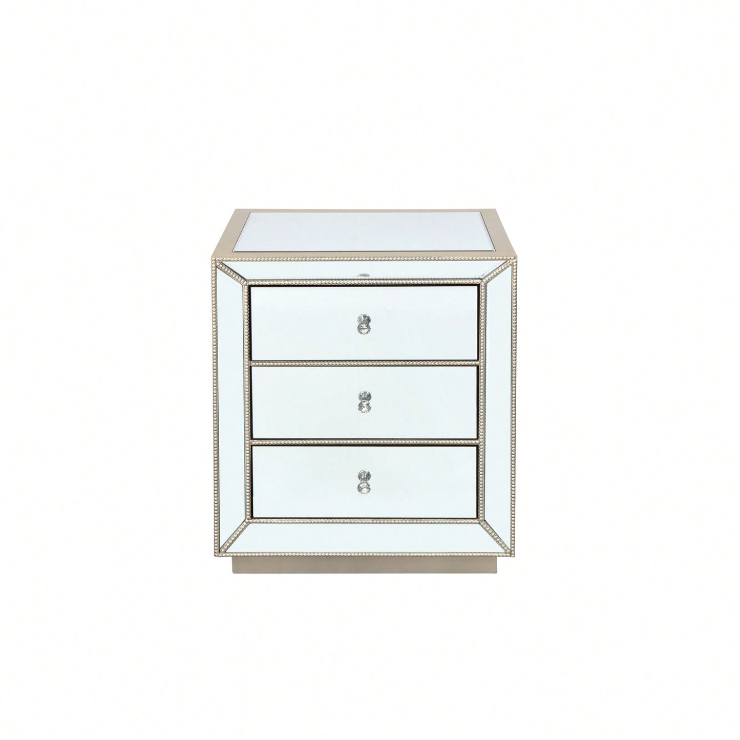 Three Drawer Silver Mirror Cabinet 22 Inch Wide 16 Inch Deep 26.8 Inch High