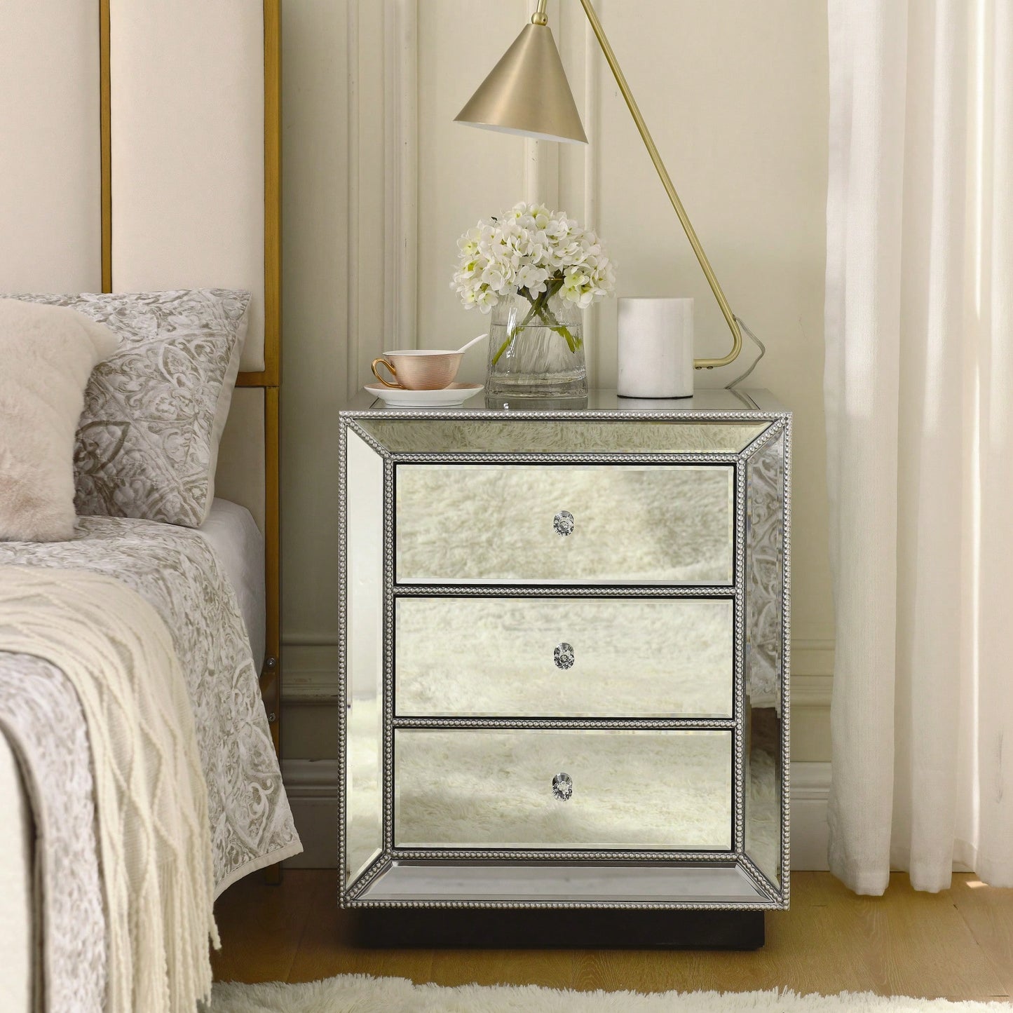 Three Drawer Silver Mirror Cabinet 22 Inch Wide 16 Inch Deep 26.8 Inch High