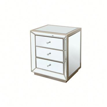 Three Drawer Silver Mirror Cabinet 22 Inch Wide 16 Inch Deep 26.8 Inch High