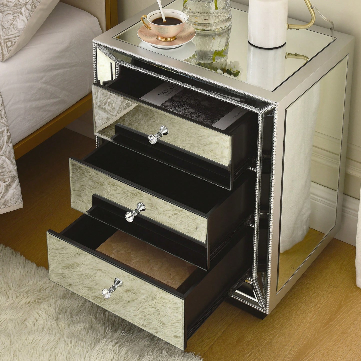 Three Drawer Silver Mirror Cabinet 22 Inch Wide 16 Inch Deep 26.8 Inch High