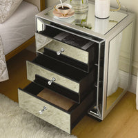 Three Drawer Silver Mirror Cabinet 22 Inch Wide 16 Inch Deep 26.8 Inch High