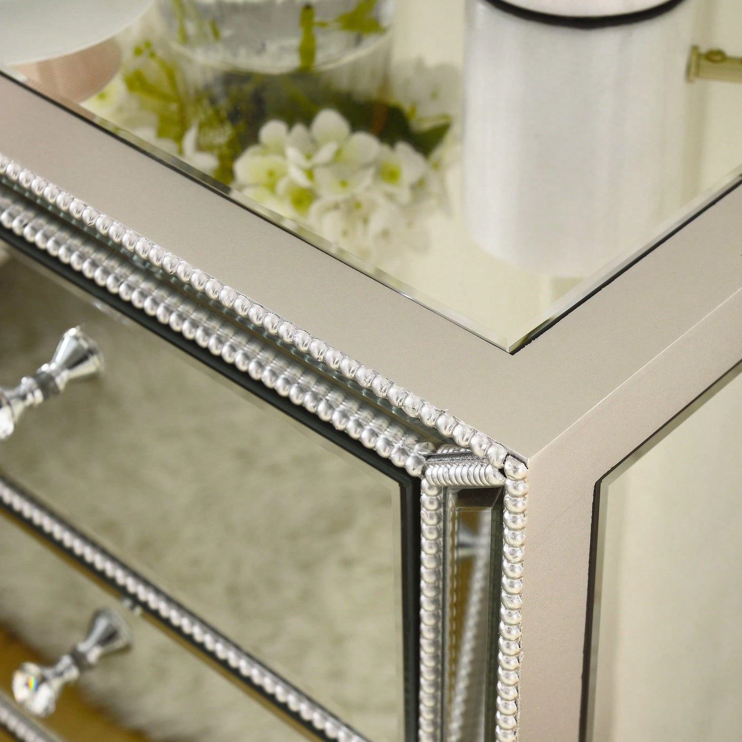 Three Drawer Silver Mirror Cabinet 22 Inch Wide 16 Inch Deep 26.8 Inch High