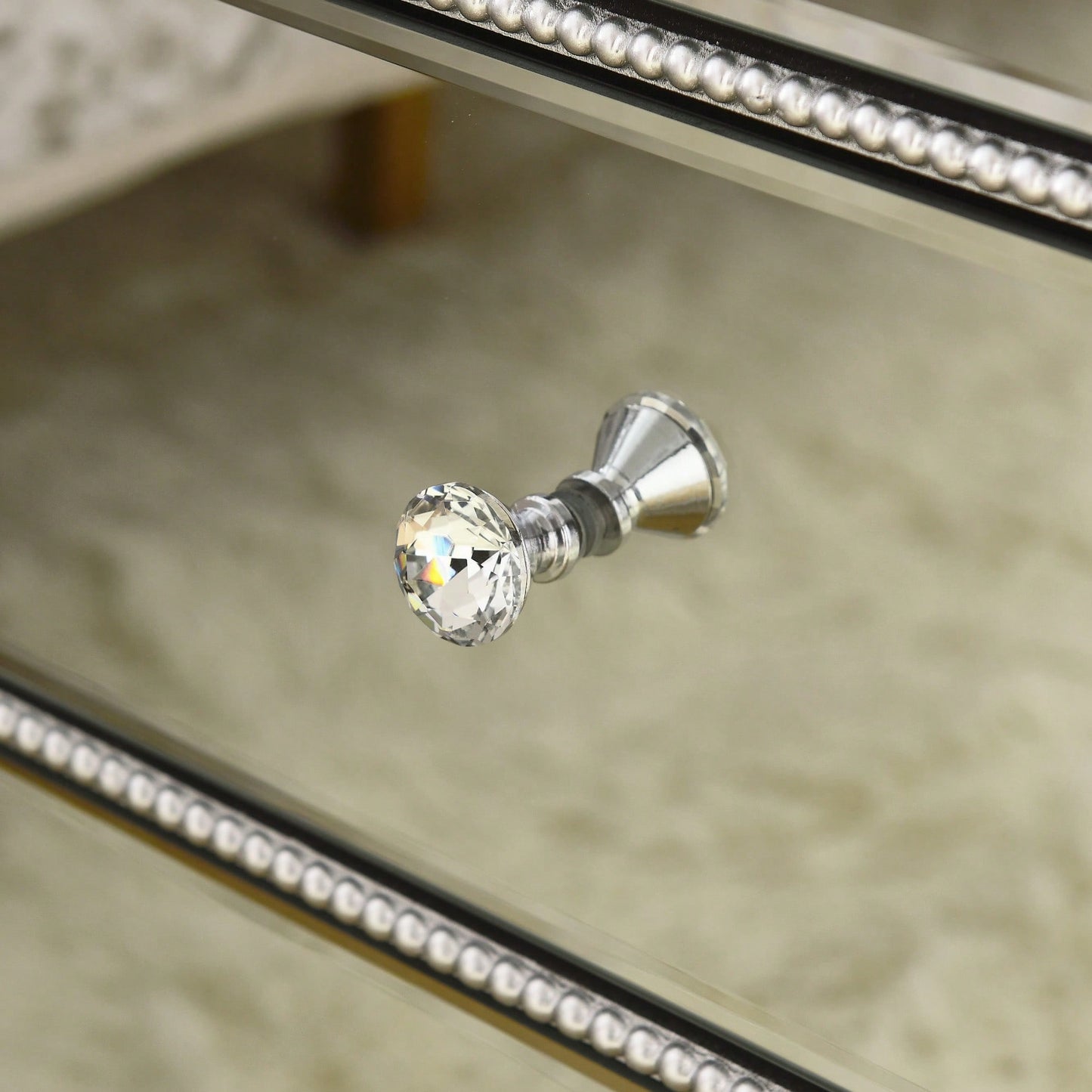 Three Drawer Silver Mirror Cabinet 22 Inch Wide 16 Inch Deep 26.8 Inch High