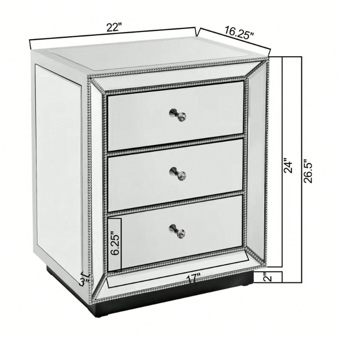 Three Drawer Silver Mirror Cabinet 22 Inch Wide 16 Inch Deep 26.8 Inch High