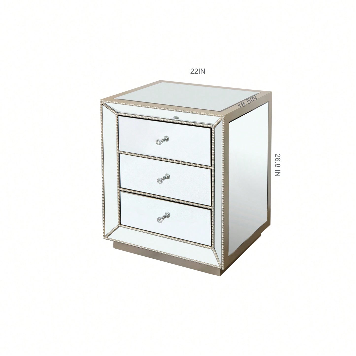 Three Drawer Silver Mirror Cabinet 22 Inch Wide 16 Inch Deep 26.8 Inch High