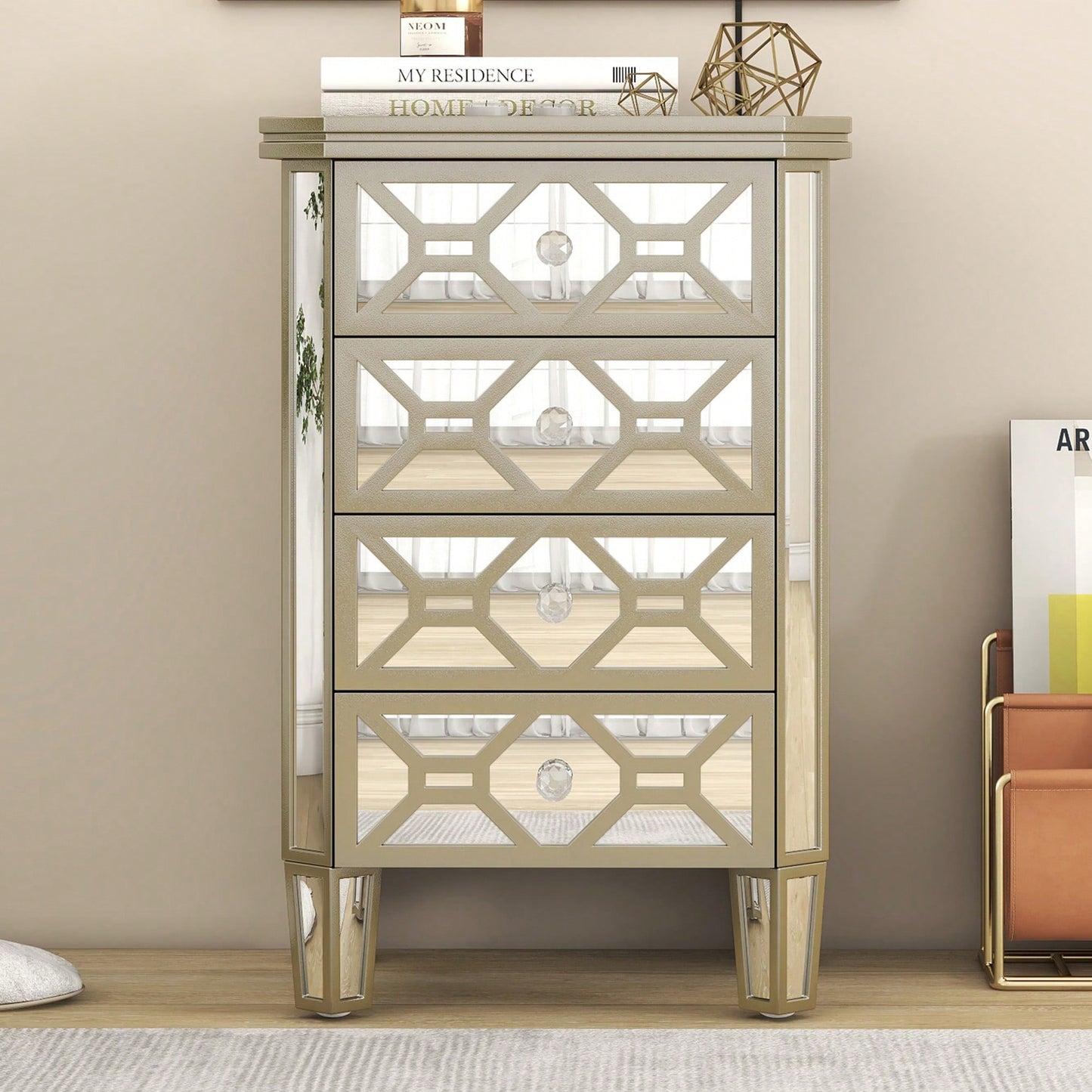 Elegant Mirrored 4-Drawer Storage Cabinet With Gold Accents For Living Room Hallway Entryway