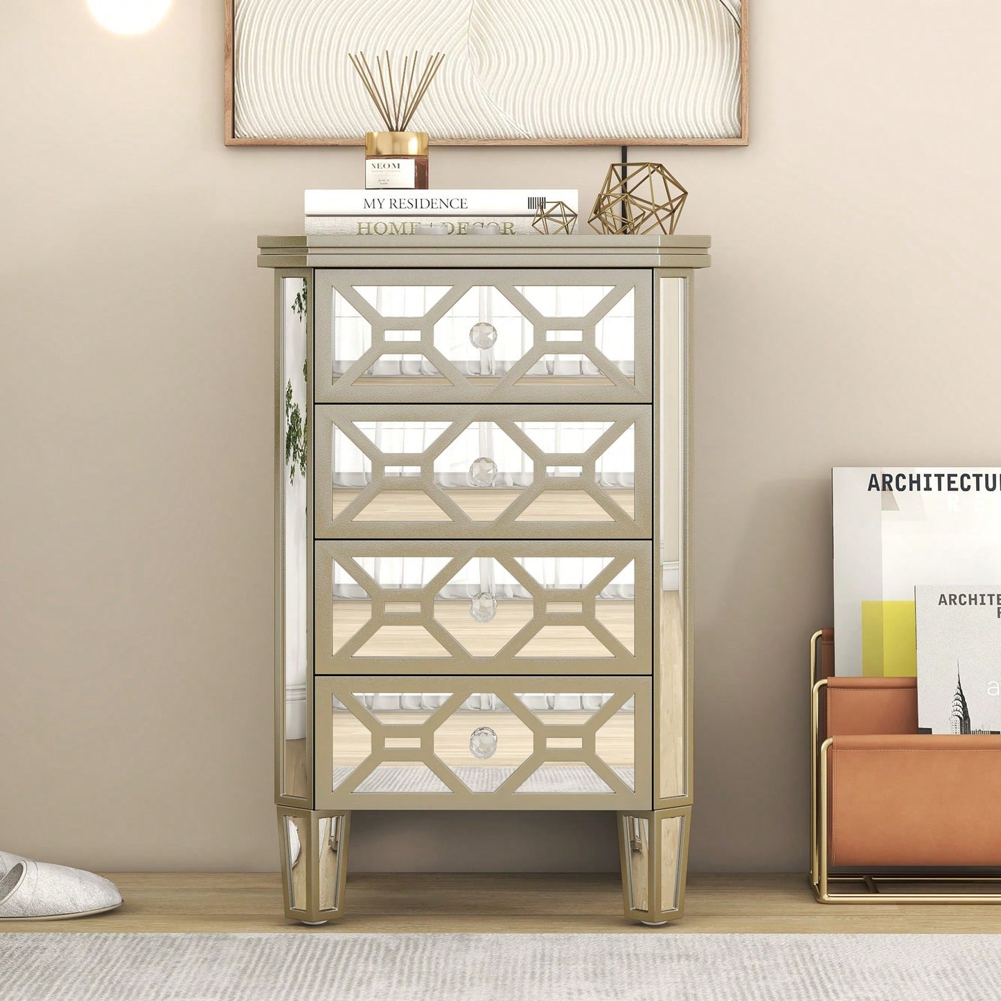 Elegant Mirrored 4-Drawer Storage Cabinet With Gold Accents For Living Room Hallway Entryway