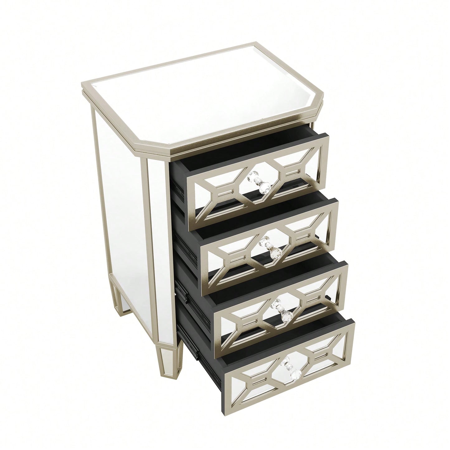 Elegant Mirrored 4-Drawer Storage Cabinet With Gold Accents For Living Room Hallway Entryway