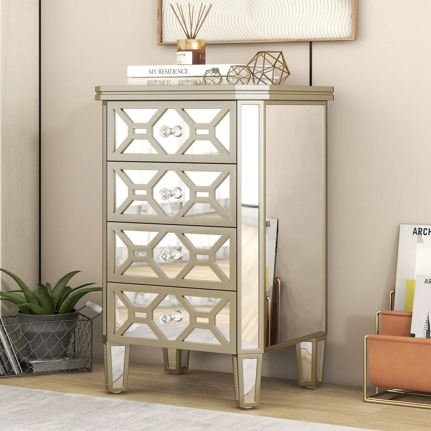 Elegant Mirrored 4-Drawer Storage Cabinet With Gold Accents For Living Room Hallway Entryway