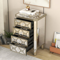 Elegant Mirrored 4-Drawer Storage Cabinet With Gold Accents For Living Room Hallway Entryway