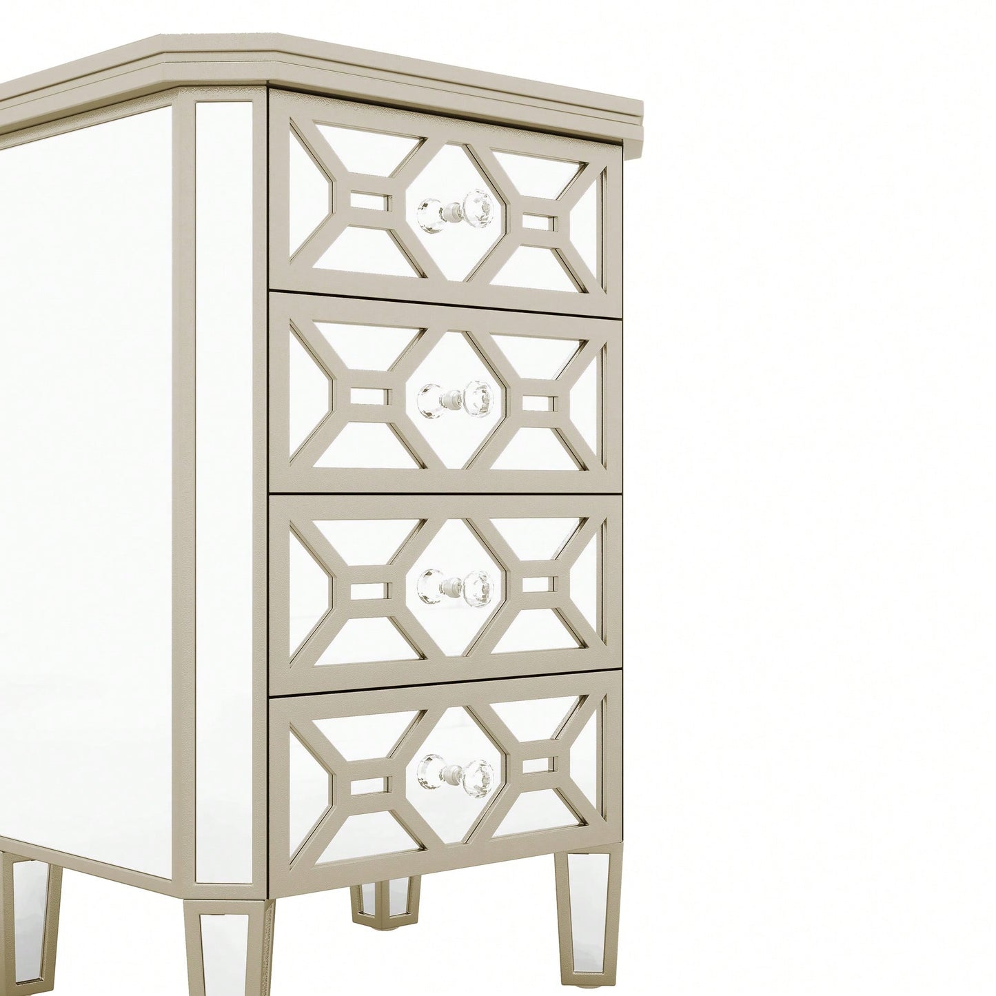 Elegant Mirrored 4-Drawer Storage Cabinet With Gold Accents For Living Room Hallway Entryway