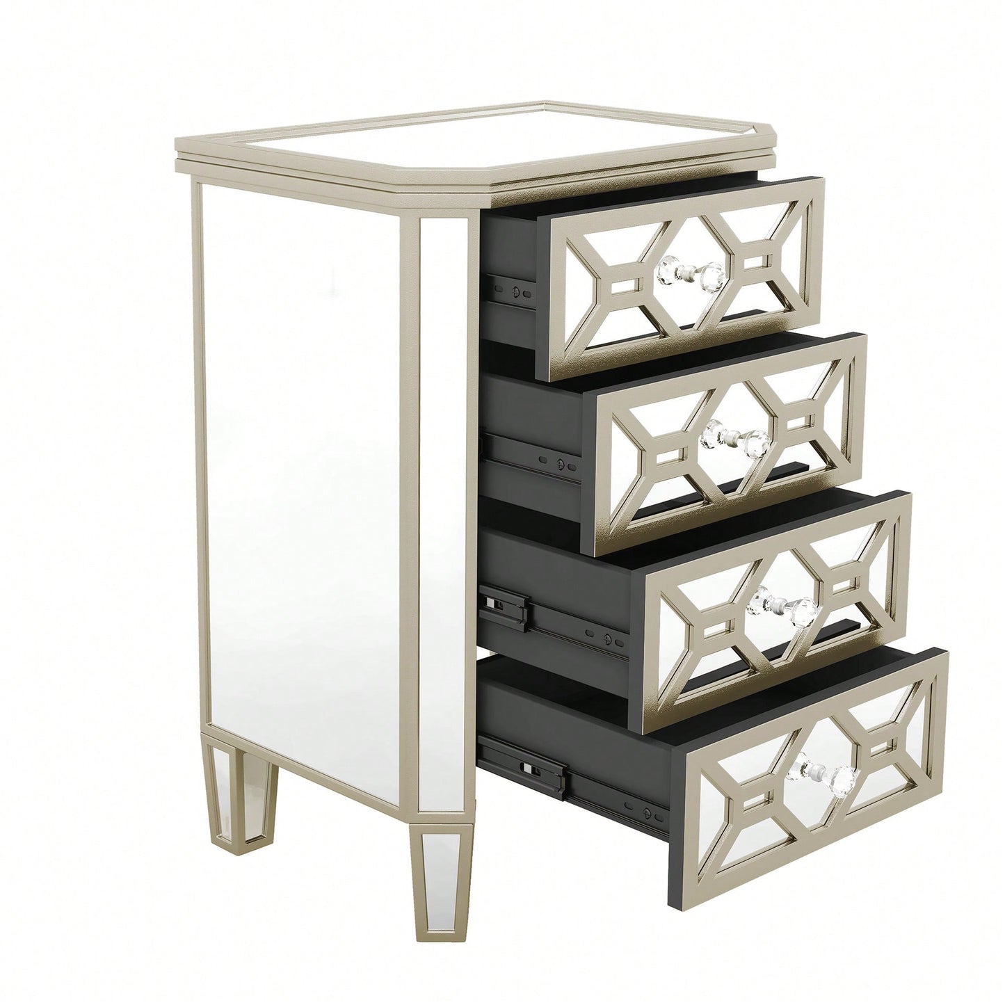 Elegant Mirrored 4-Drawer Storage Cabinet With Gold Accents For Living Room Hallway Entryway