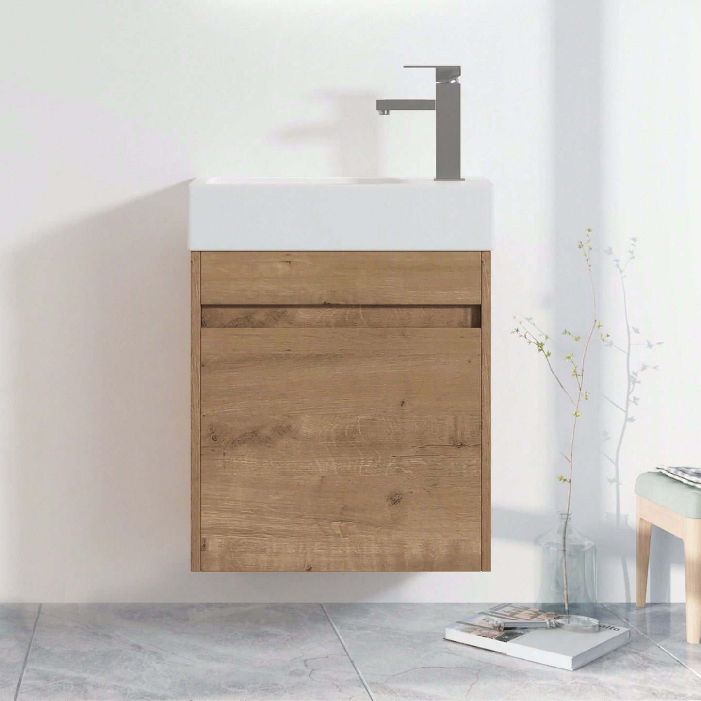 18 Inch Wall-Mounted Bathroom Vanity With White Resin Sink And Soft-Close Cabinet Door