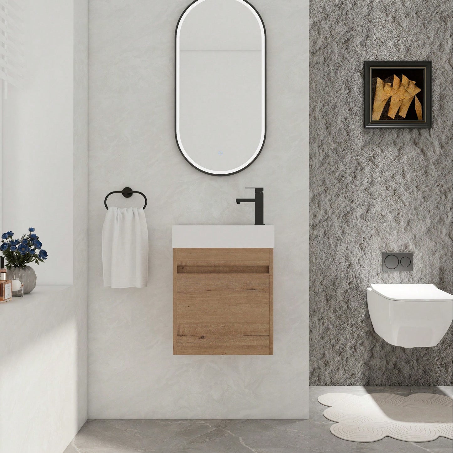 18 Inch Wall-Mounted Bathroom Vanity With White Resin Sink And Soft-Close Cabinet Door