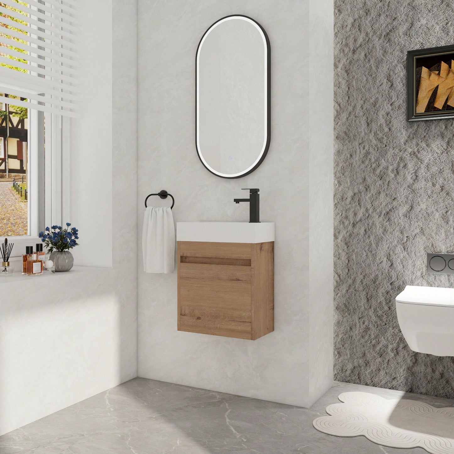 18 Inch Wall-Mounted Bathroom Vanity With White Resin Sink And Soft-Close Cabinet Door