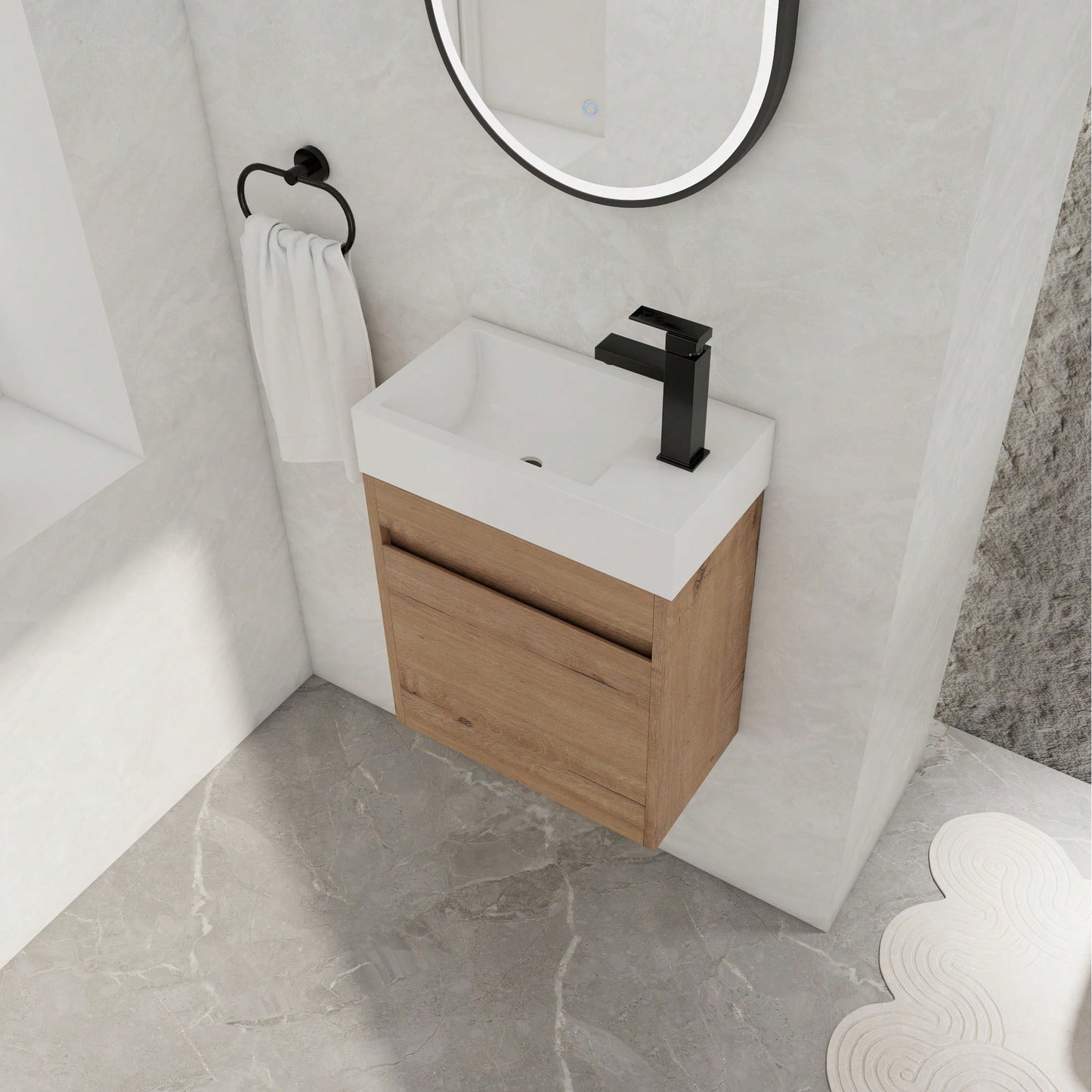 18 Inch Wall-Mounted Bathroom Vanity With White Resin Sink And Soft-Close Cabinet Door