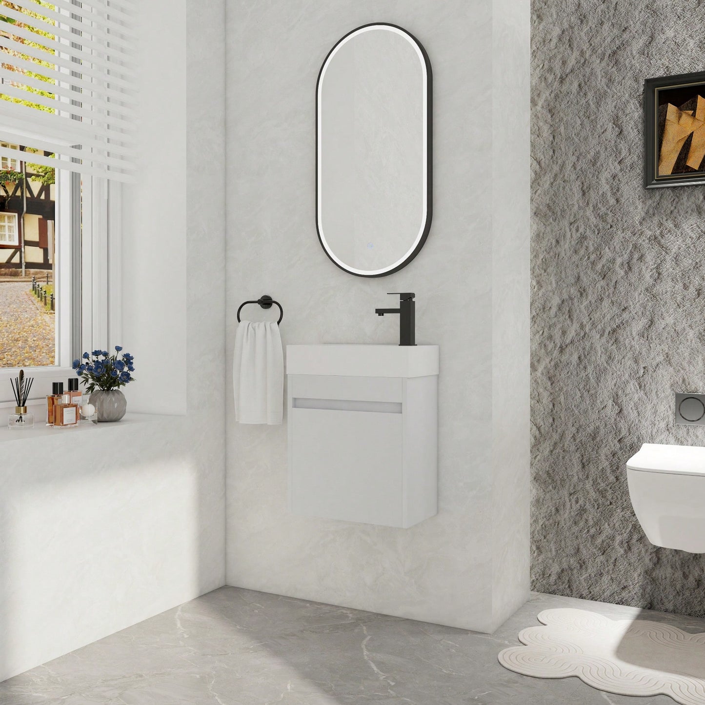 18 Inch Wall-Mounted Bathroom Vanity With White Resin Sink And Soft-Close Cabinet Door