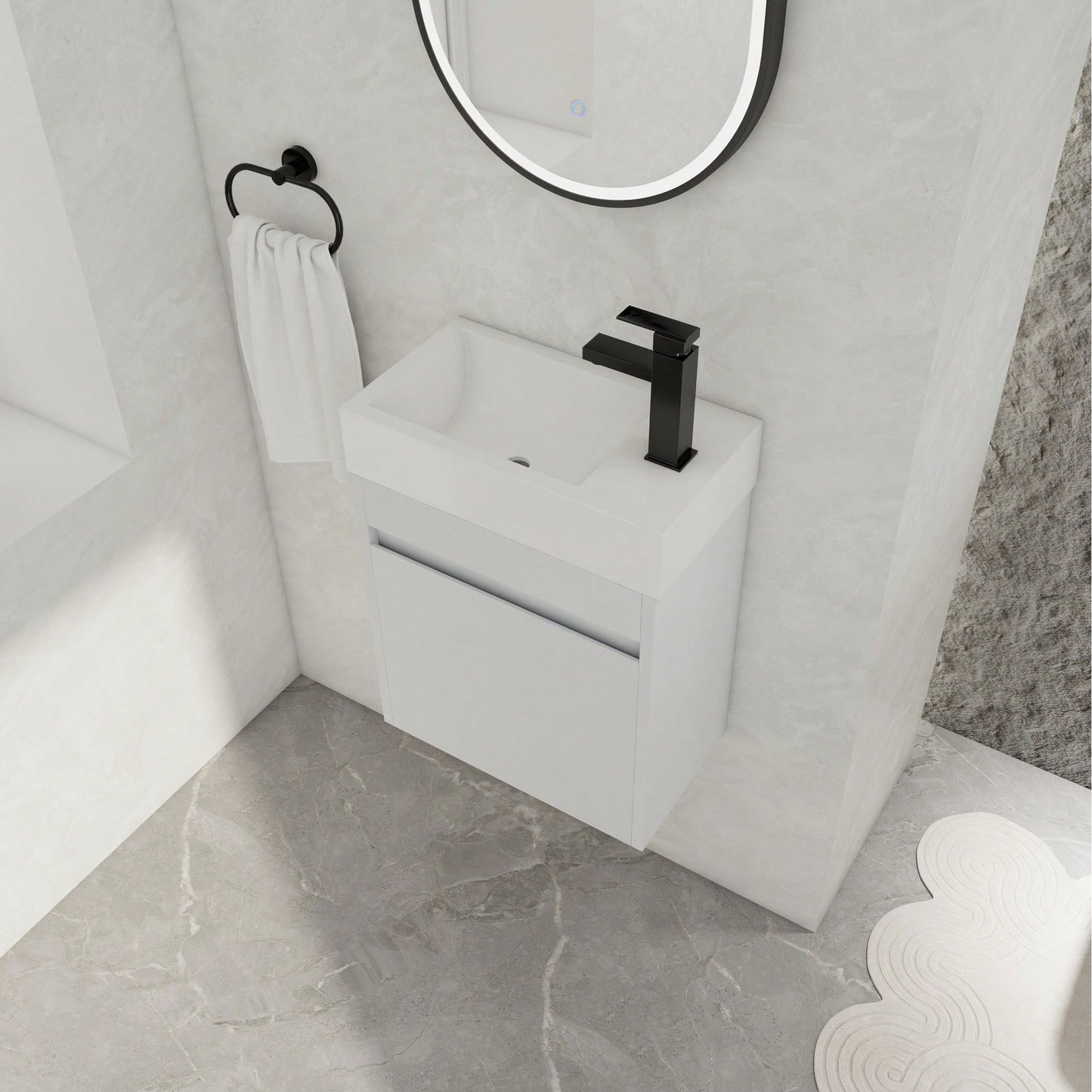 18 Inch Wall-Mounted Bathroom Vanity With White Resin Sink And Soft-Close Cabinet Door