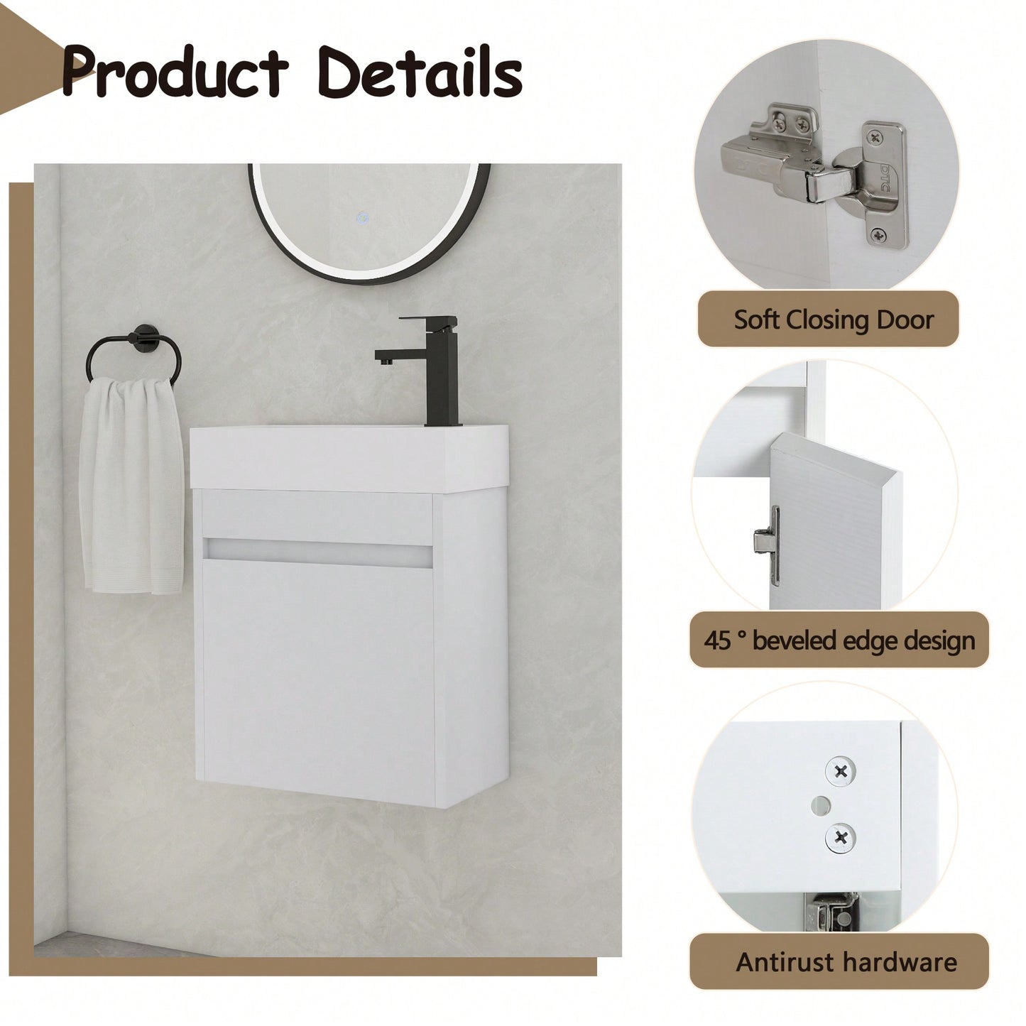 18 Inch Wall-Mounted Bathroom Vanity With White Resin Sink And Soft-Close Cabinet Door