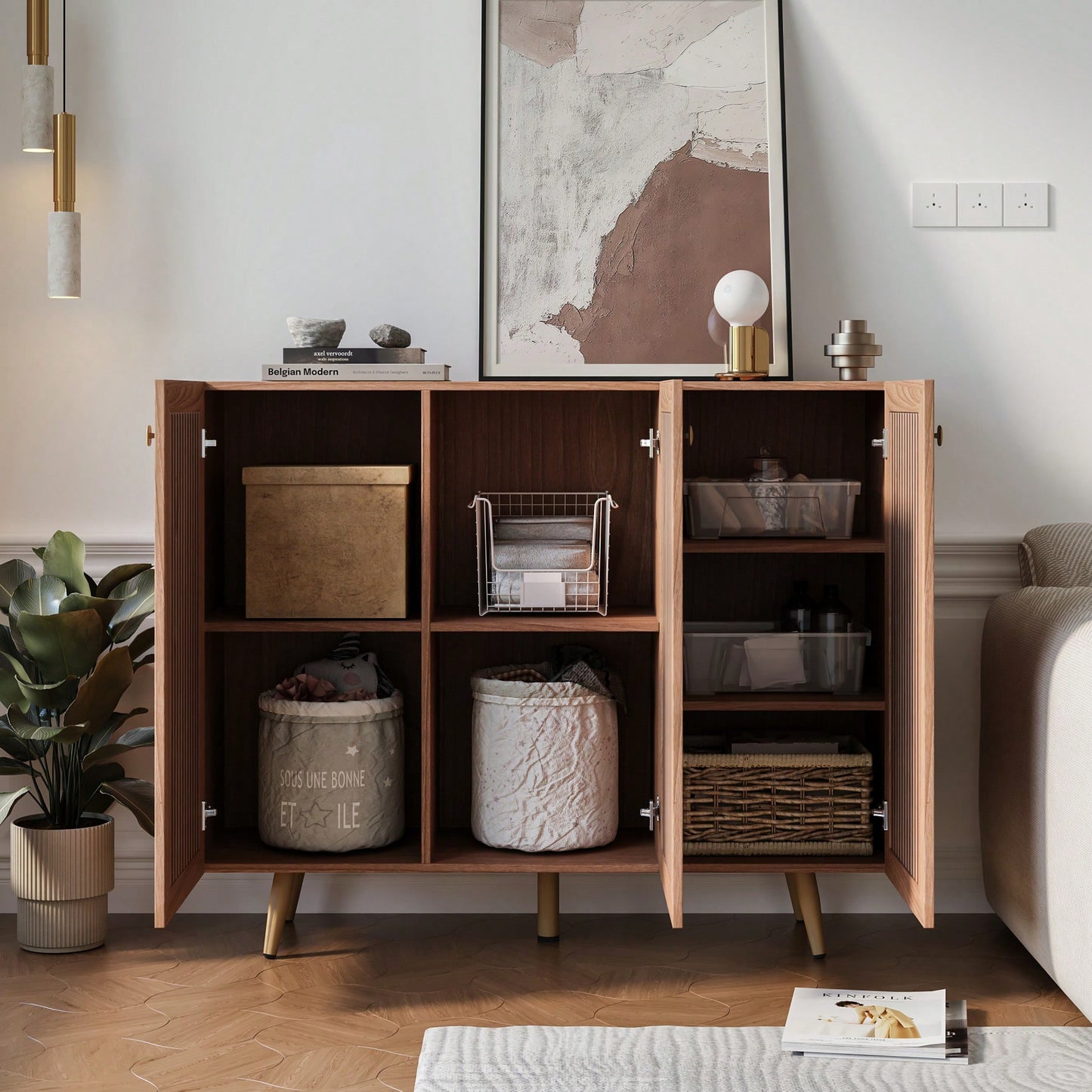 Elegant Gray Wood Sideboard Buffet Cabinet with 3 Doors and Adjustable Shelf for Kitchen or Dining Room Storage 46.85w x 13.5d x 38.19h