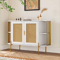 Elegant Curved Black Dining Cabinet With Gold Trim And Woven Rattan Doors For Stylish Dining Room Storage