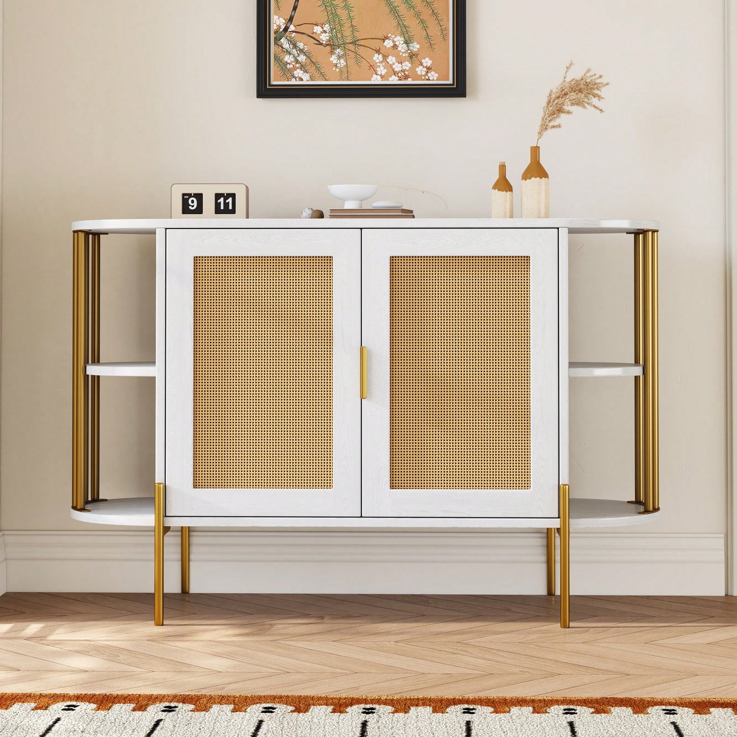 Elegant Curved Black Dining Cabinet With Gold Trim And Woven Rattan Doors For Stylish Dining Room Storage