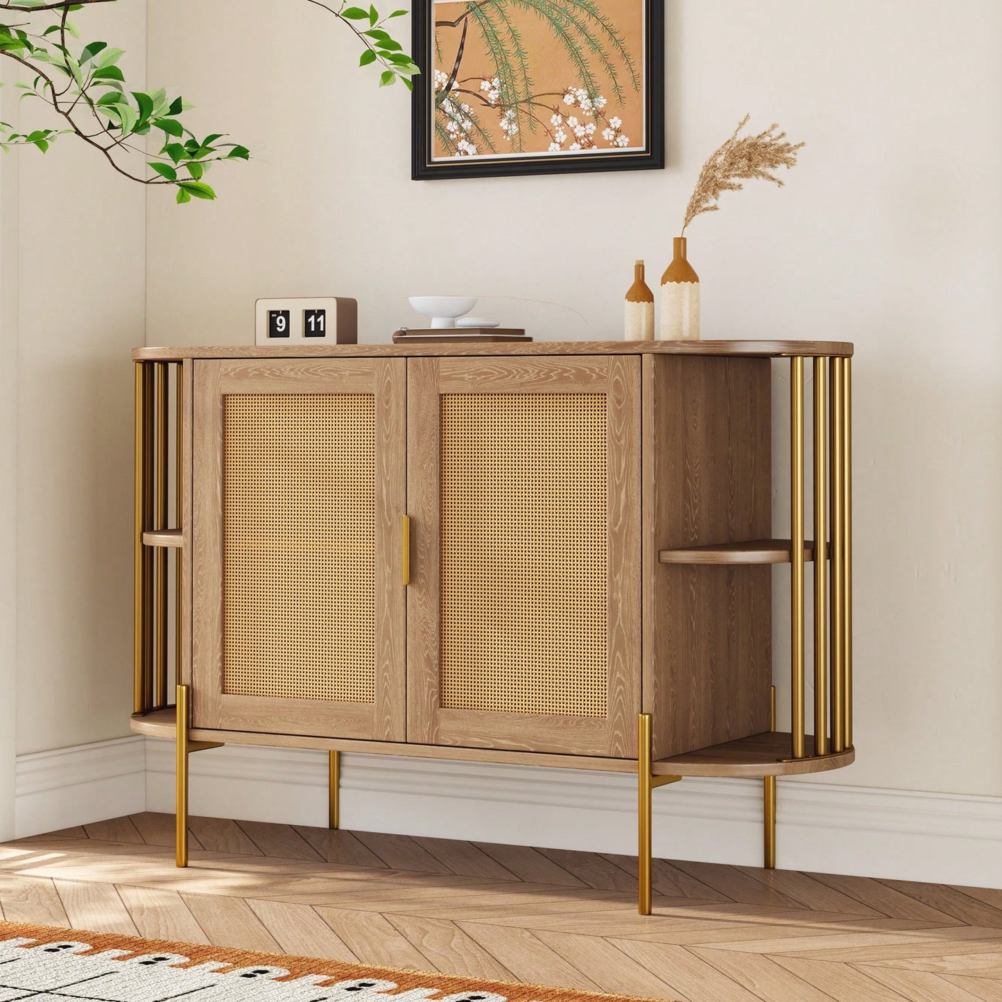 Elegant Curved Black Dining Cabinet With Gold Trim And Woven Rattan Doors For Stylish Dining Room Storage