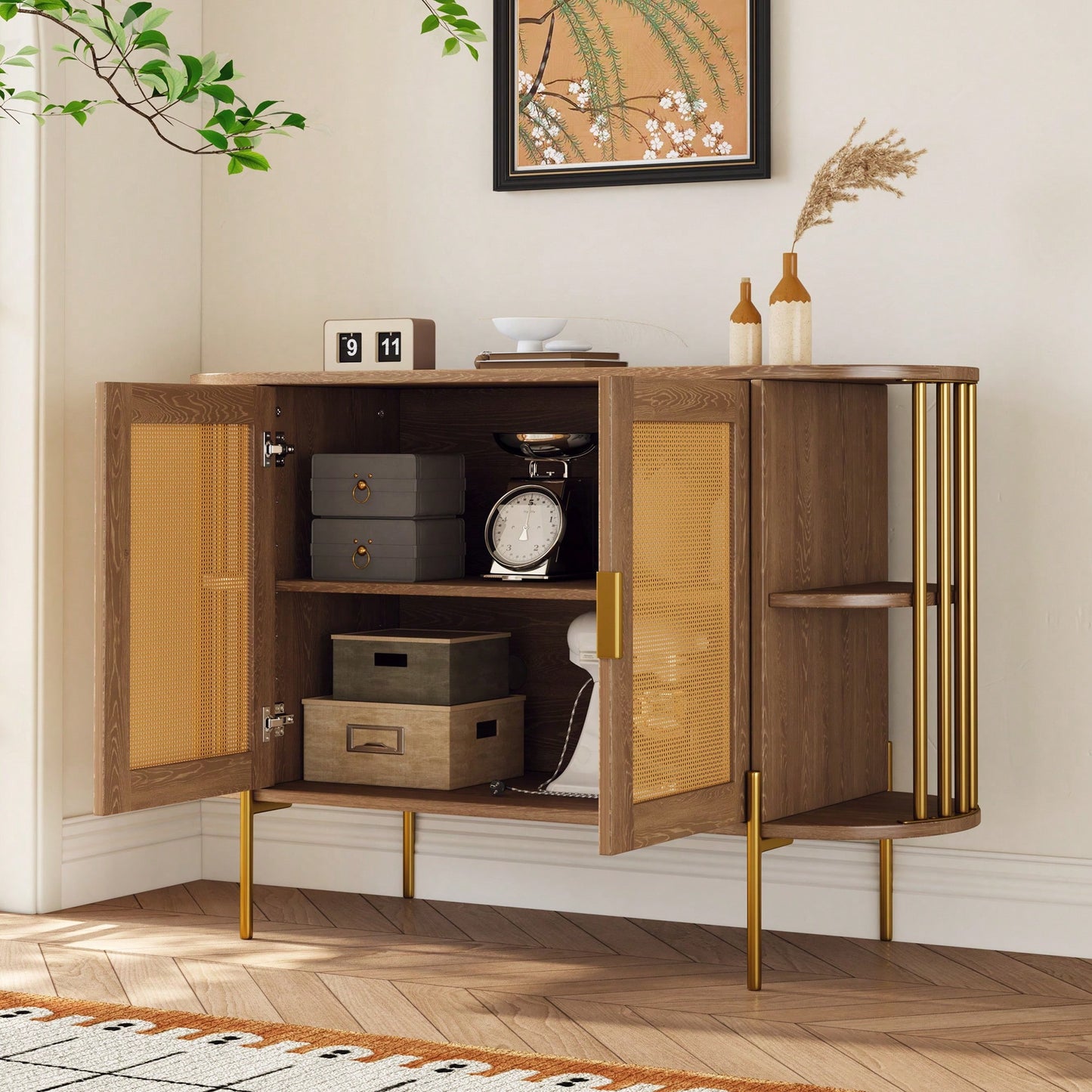 Elegant Curved Black Dining Cabinet With Gold Trim And Woven Rattan Doors For Stylish Dining Room Storage