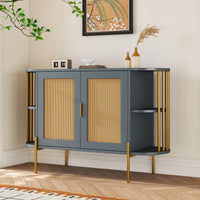 Elegant Curved Black Dining Cabinet With Gold Trim And Woven Rattan Doors For Stylish Dining Room Storage