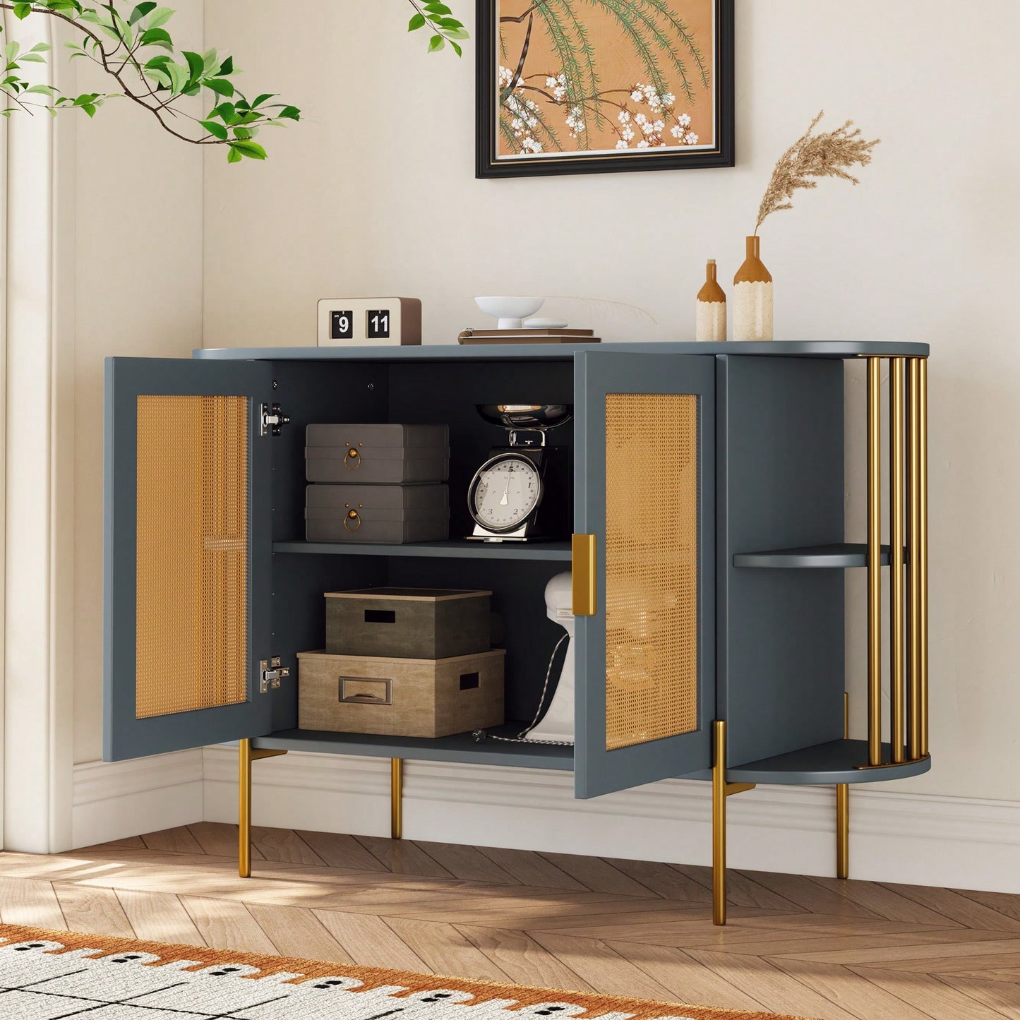 Elegant Curved Black Dining Cabinet With Gold Trim And Woven Rattan Doors For Stylish Dining Room Storage