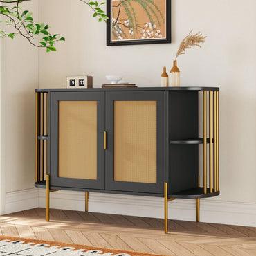 Elegant Curved Black Dining Cabinet With Gold Trim And Woven Rattan Doors For Stylish Dining Room Storage