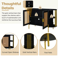 Elegant Curved Black Dining Cabinet With Gold Trim And Woven Rattan Doors For Stylish Dining Room Storage