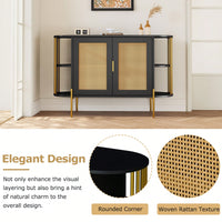 Elegant Curved Black Dining Cabinet With Gold Trim And Woven Rattan Doors For Stylish Dining Room Storage