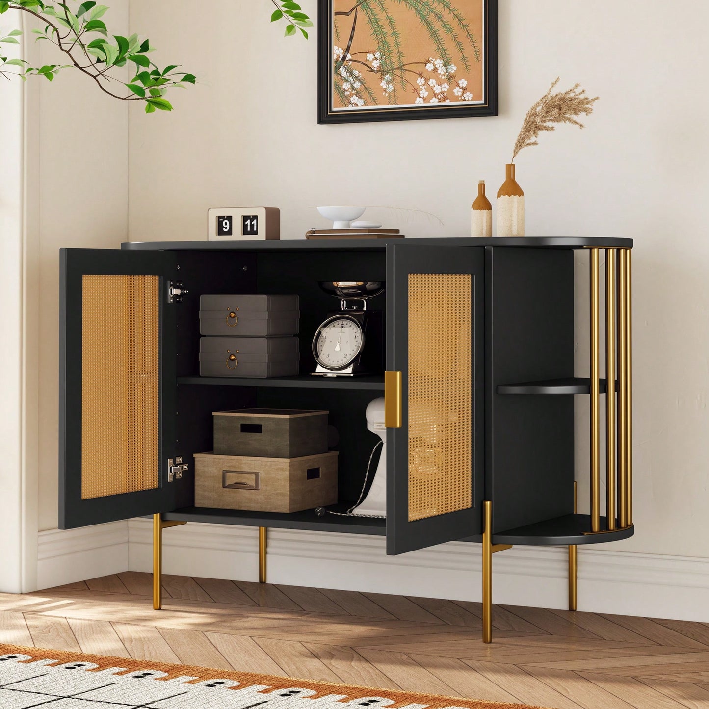 Elegant Curved Black Dining Cabinet With Gold Trim And Woven Rattan Doors For Stylish Dining Room Storage