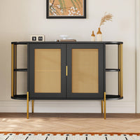 Elegant Curved Black Dining Cabinet With Gold Trim And Woven Rattan Doors For Stylish Dining Room Storage