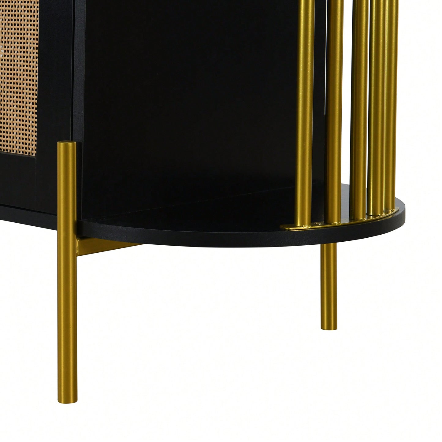 Elegant Curved Black Dining Cabinet With Gold Trim And Woven Rattan Doors For Stylish Dining Room Storage