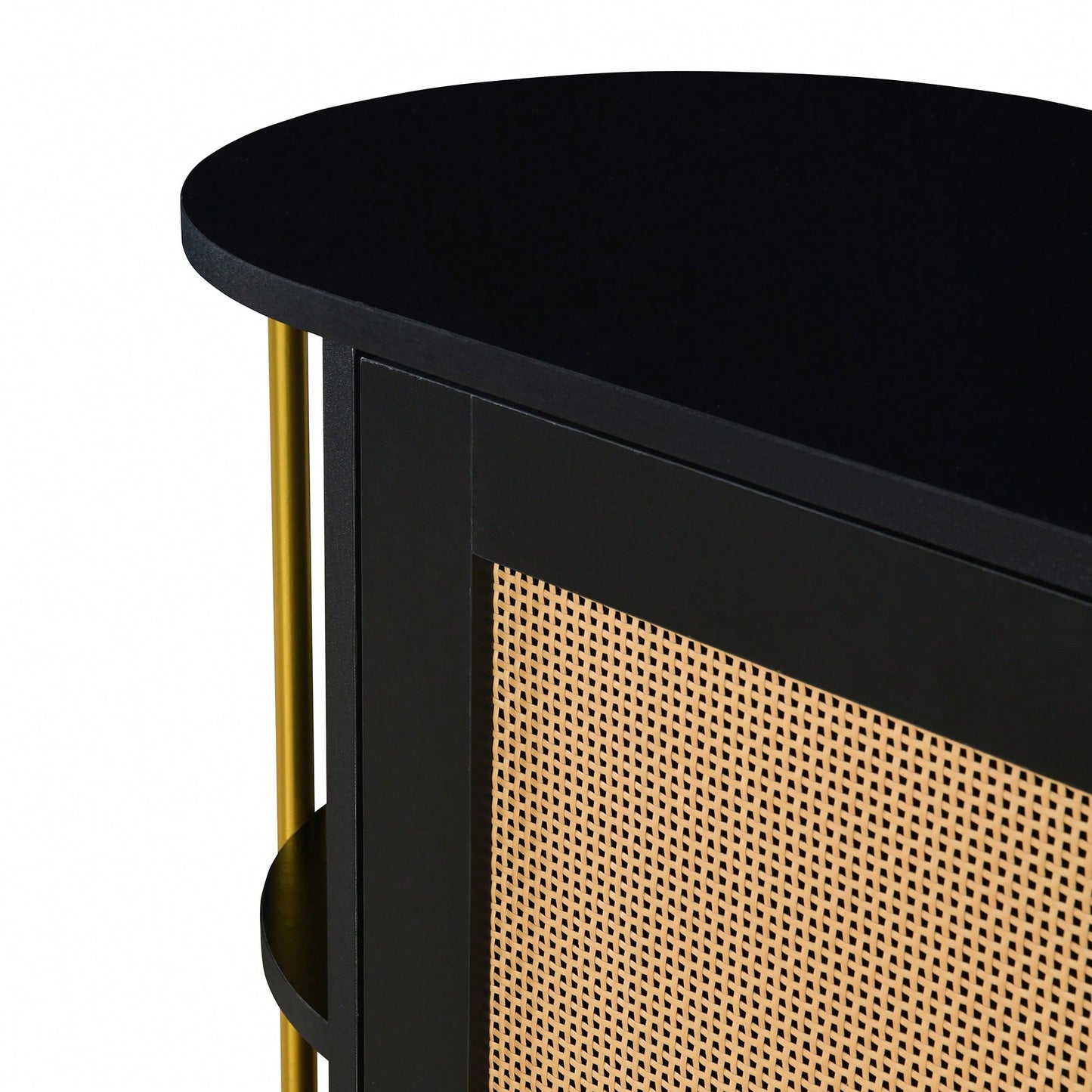 Elegant Curved Black Dining Cabinet With Gold Trim And Woven Rattan Doors For Stylish Dining Room Storage