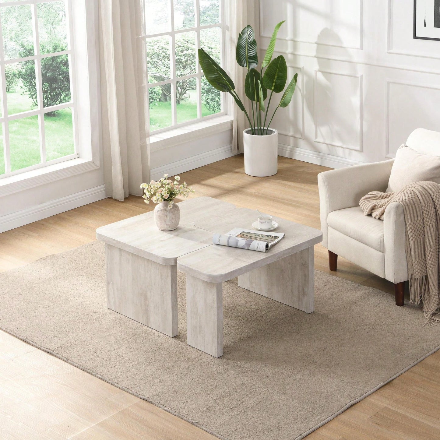 Detachable L Shape Farmhouse Coffee Table For Dining Room And Garden 47.24x23.62 Inch And 35.43x31.49 Inch White Finish