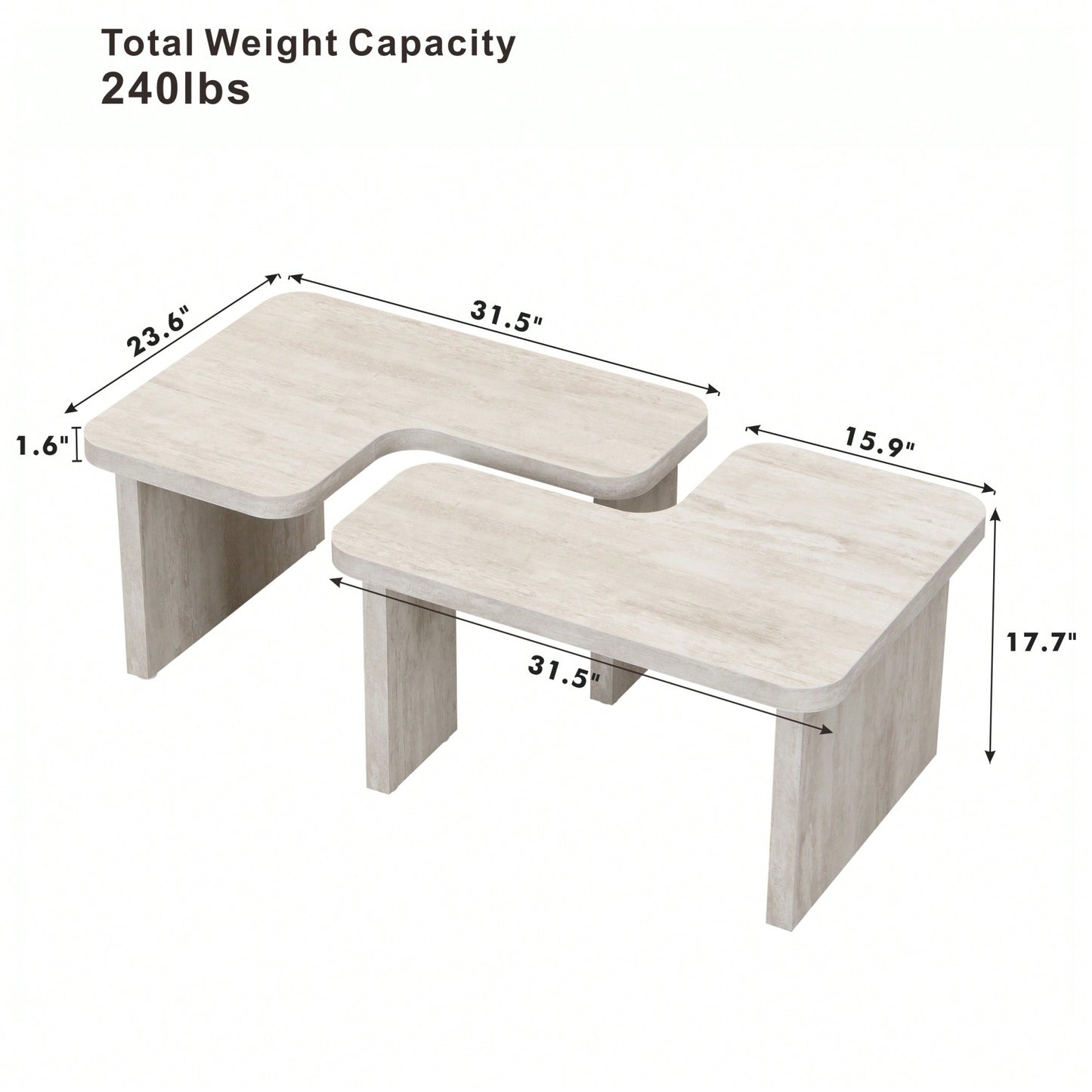 Detachable L Shape Farmhouse Coffee Table For Dining Room And Garden 47.24x23.62 Inch And 35.43x31.49 Inch White Finish