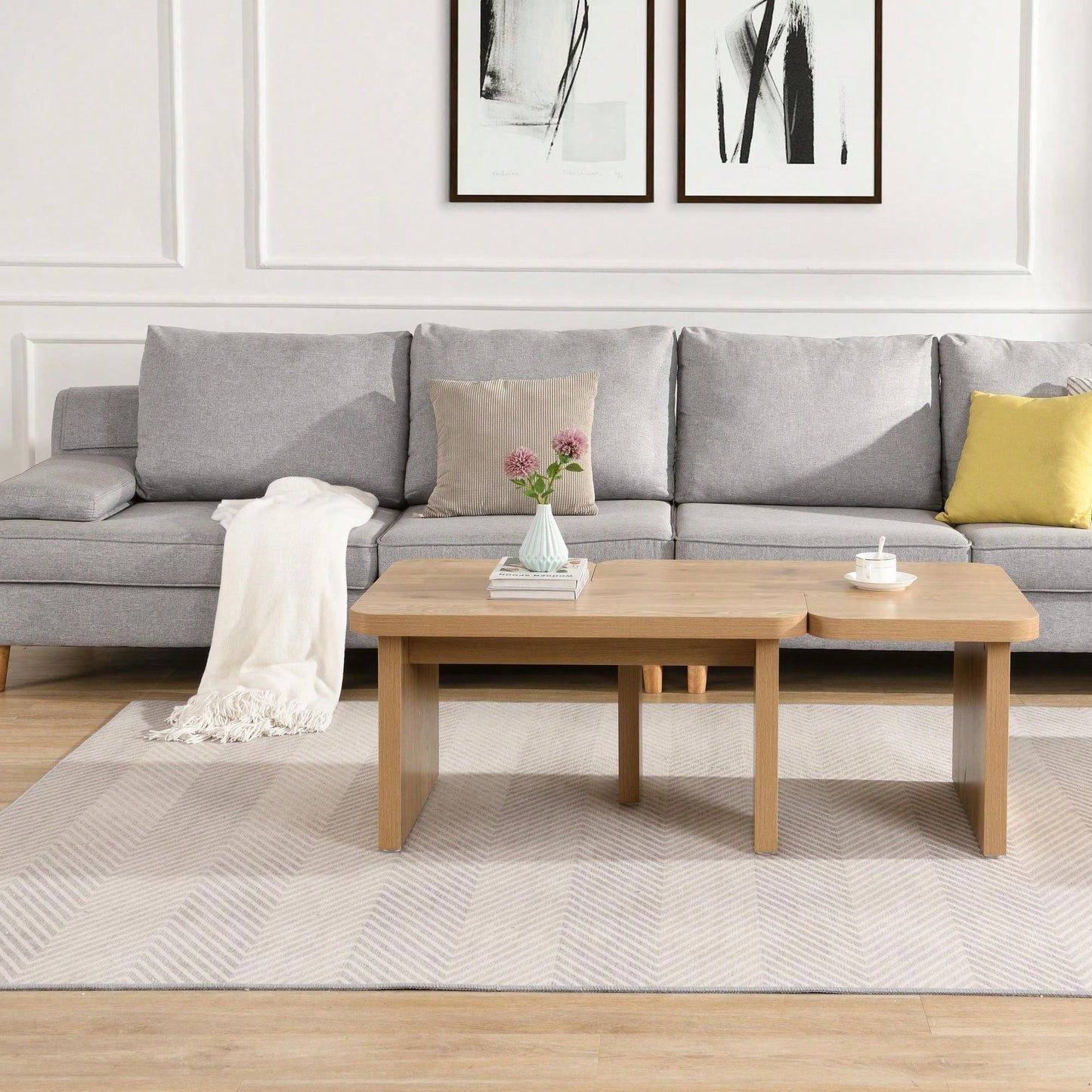 Detachable L Shape Farmhouse Coffee Table For Dining Room And Garden 47.24x23.62 Inch And 35.43x31.49 Inch White Finish