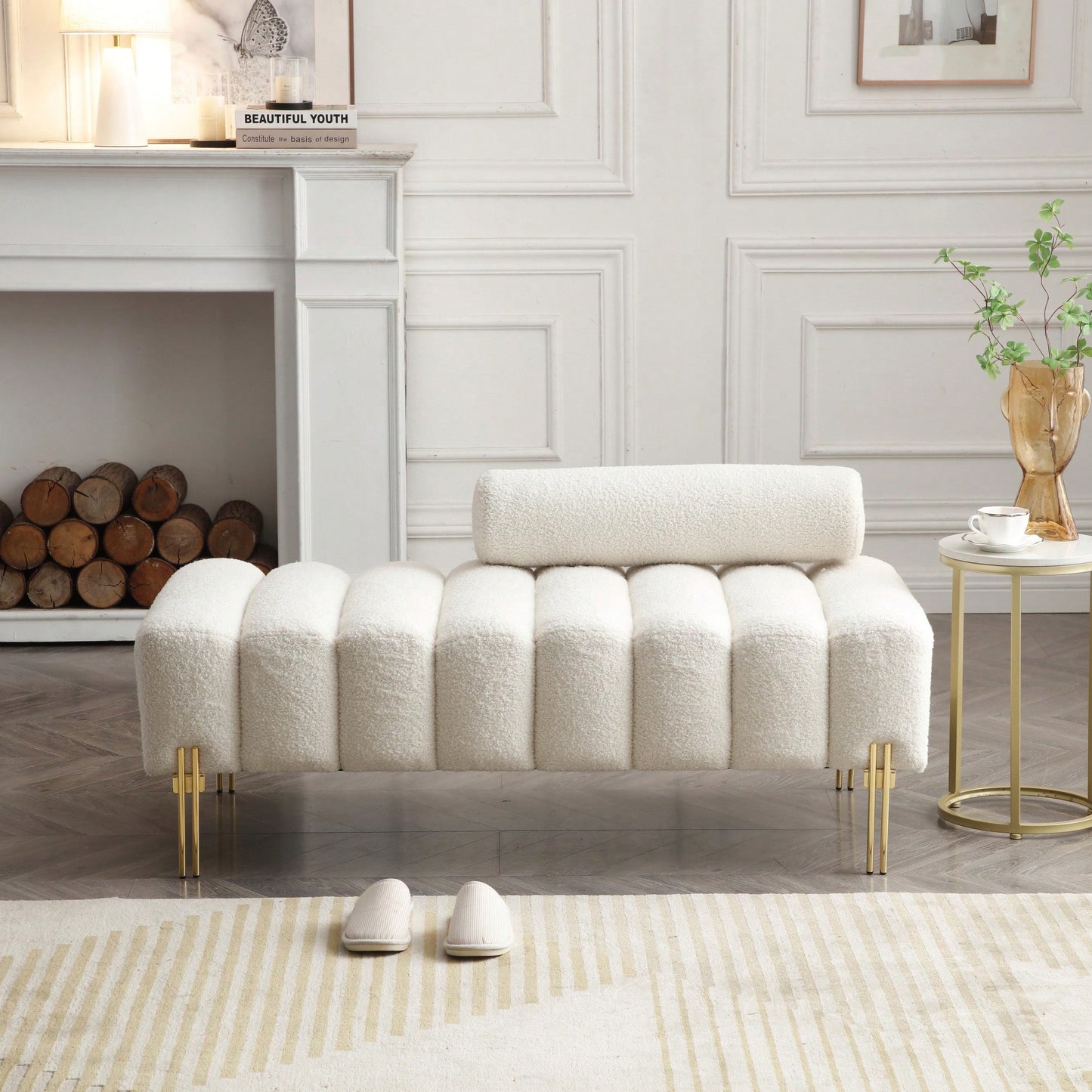 Fuzzy Sherpa Fabric Upholstered 2 Seater Bench With Gold Metal Legs For Bedroom Living Room Entryway Ottoman Footrest