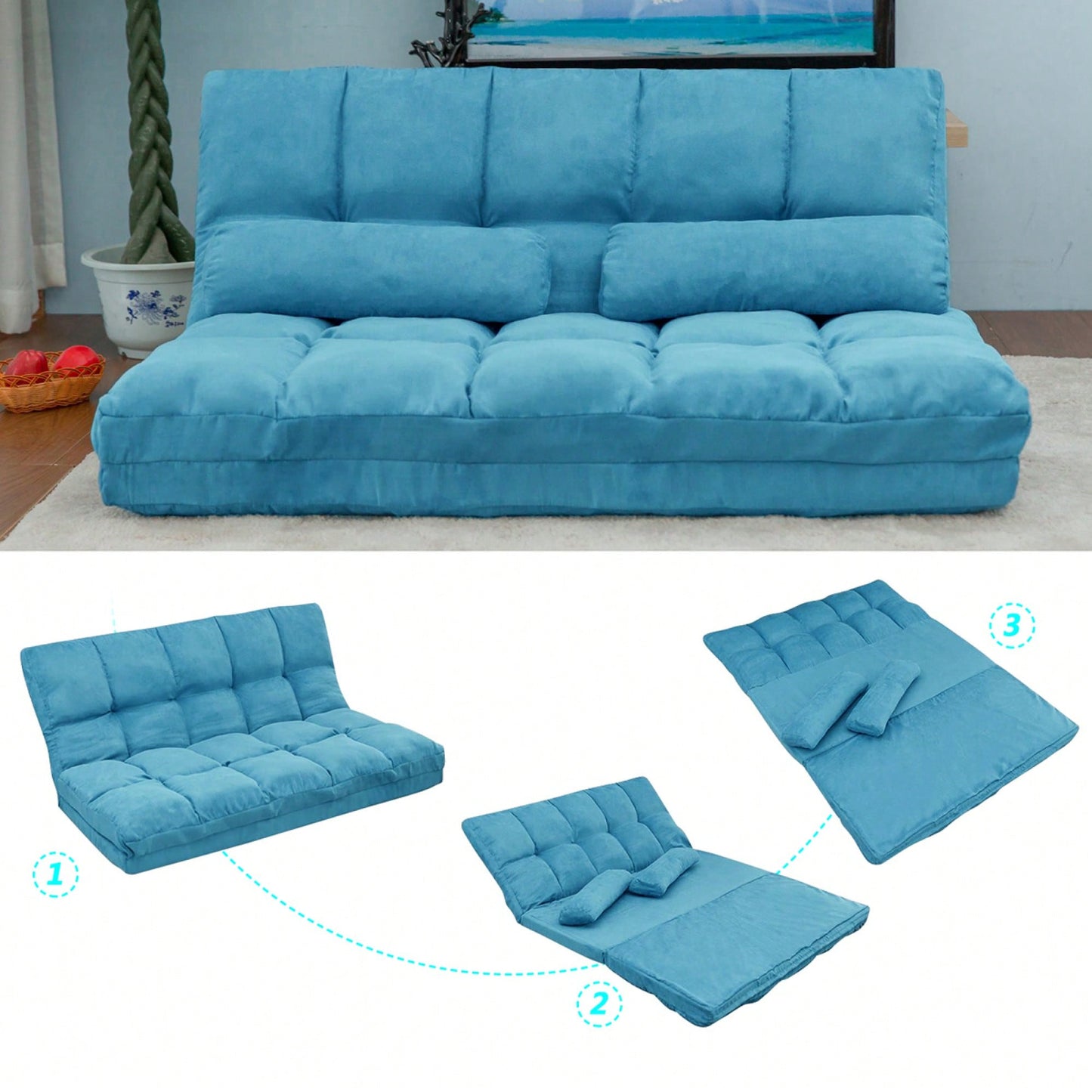 Double Chaise Lounge Sofa Floor Couch With Two Pillows For Ultimate Relaxation Blue