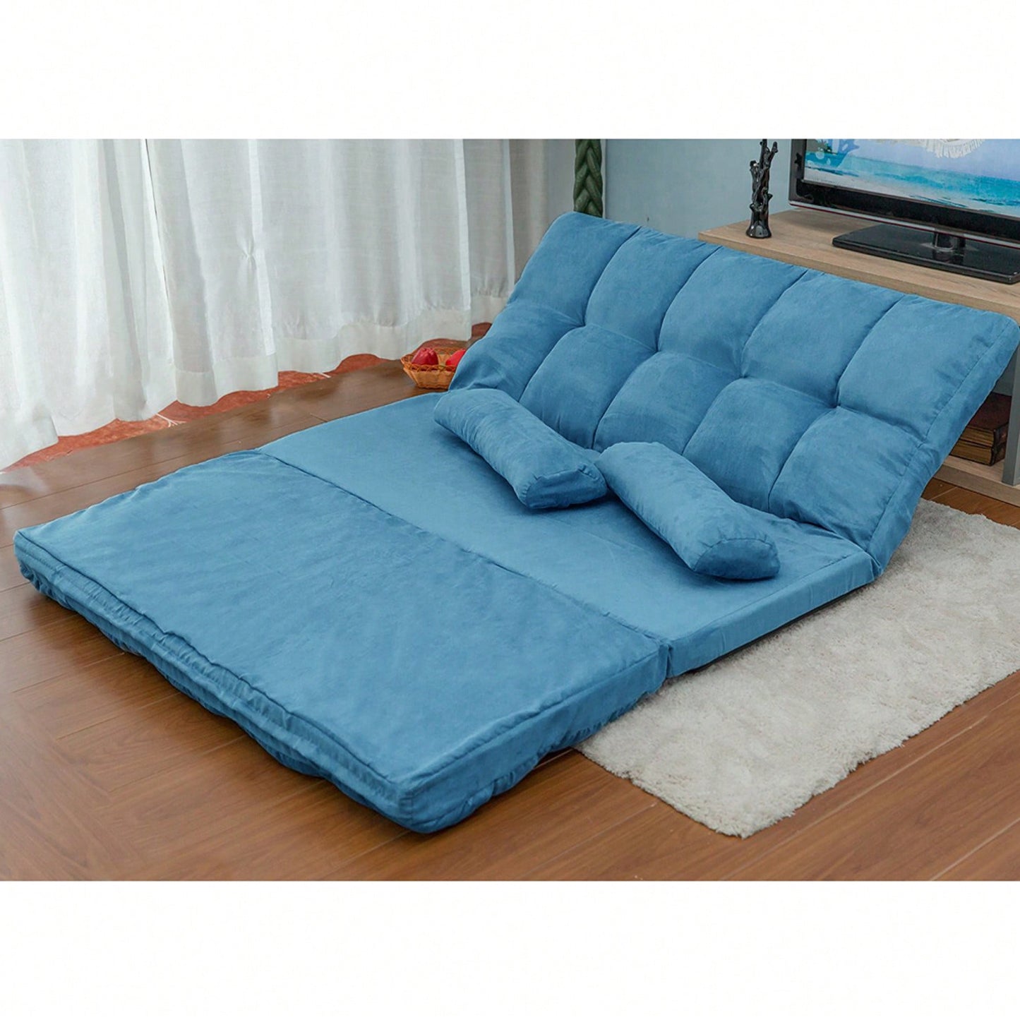 Double Chaise Lounge Sofa Floor Couch With Two Pillows For Ultimate Relaxation Blue