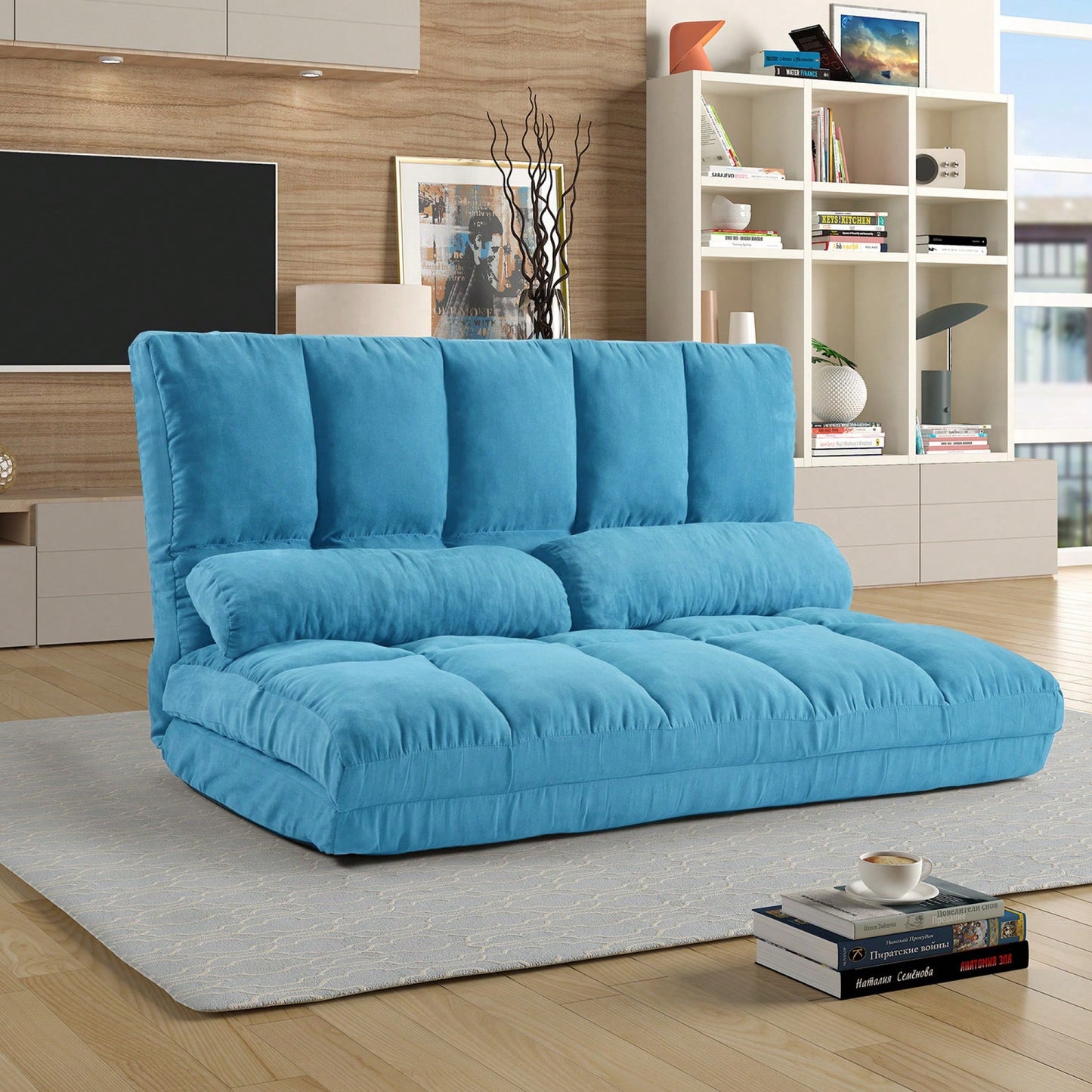 Double Chaise Lounge Sofa Floor Couch With Two Pillows For Ultimate Relaxation Blue