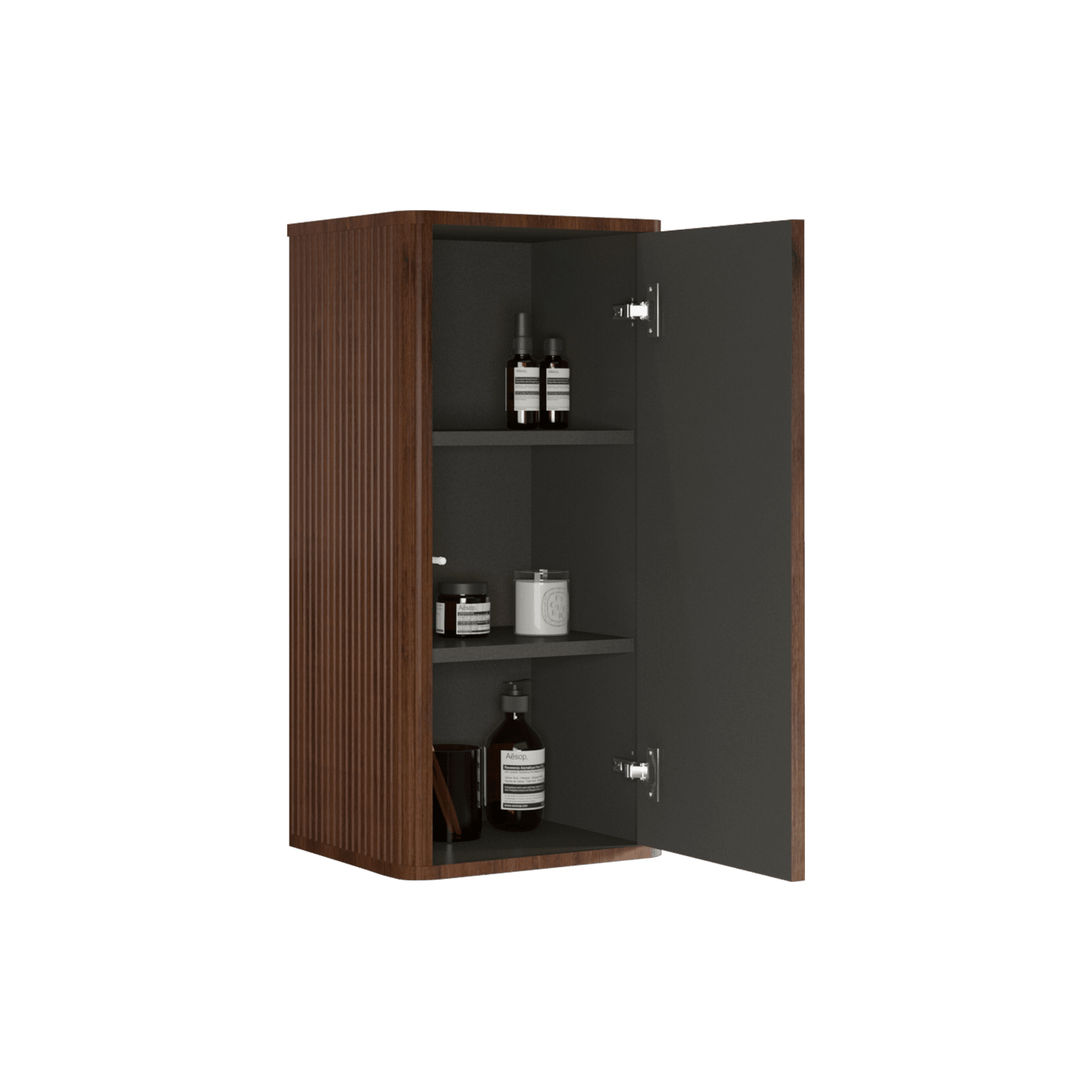 Striped Walnut Floating Bathroom Side Cabinet Wall-Mounted Storage Solution For Small Spaces Pre-Assembled