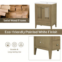 24 Inch Rattan Bathroom Vanity Base With Doors And Drawer Solid Frame And MDF Board Natural Finish